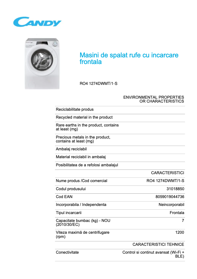 Page 1 de la notice Fiche technique Candy RO4 1274DWMT/1-S