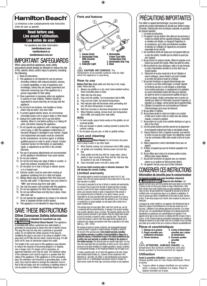 Page n°1 - Manuel utilisateur Hamilton Beach Durathon 38519R