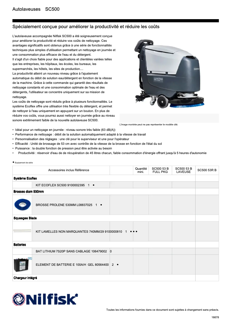 Page 1 de la notice Fiche technique Nilfisk SC500
