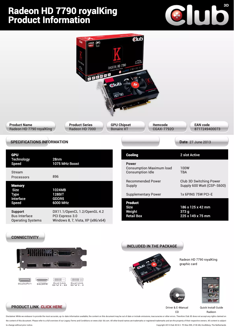 Page n°1 - Manuel utilisateur CLUB3D Radeon HD 7790 royalKing
