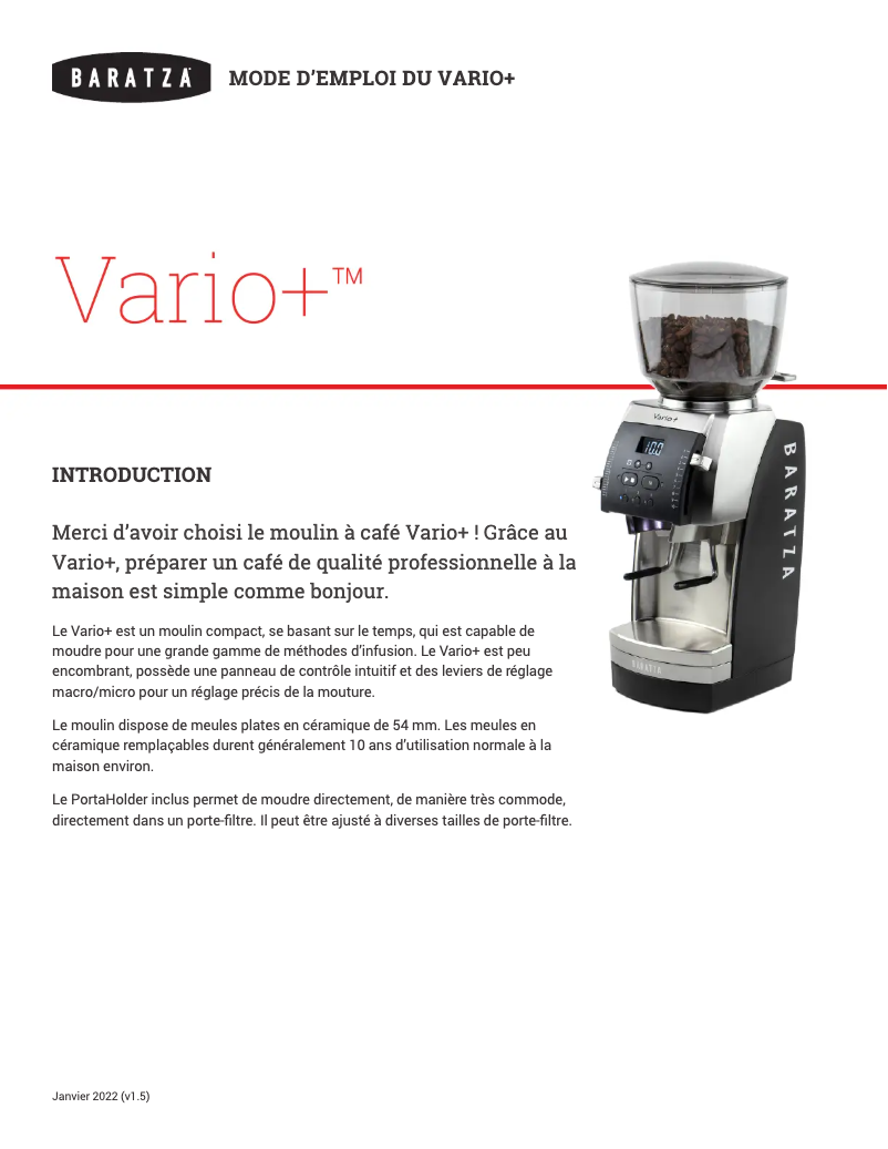Page n°1 - Manuel utilisateur Baratza Vario+