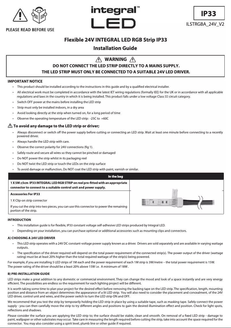 Page 1 de la notice Manuel utilisateur Integral LED ILSTRGBA033E