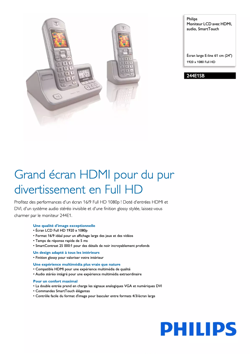 Page 1 de la notice Fiche technique Philips 244E1SB