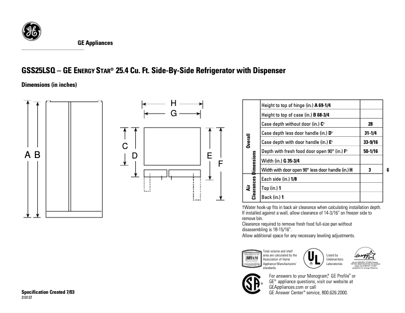 Page 1 de la notice Fiche technique GE GSS25LSQSS