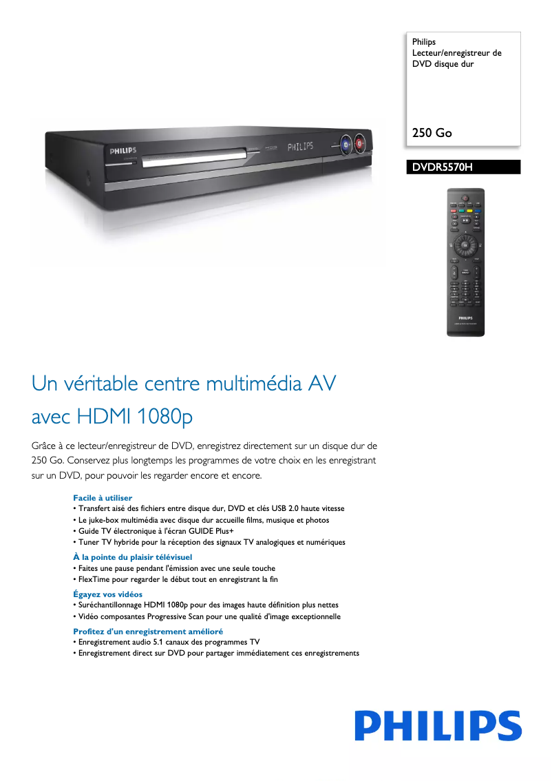 Page 1 de la notice Fiche technique Philips DVDR5570H