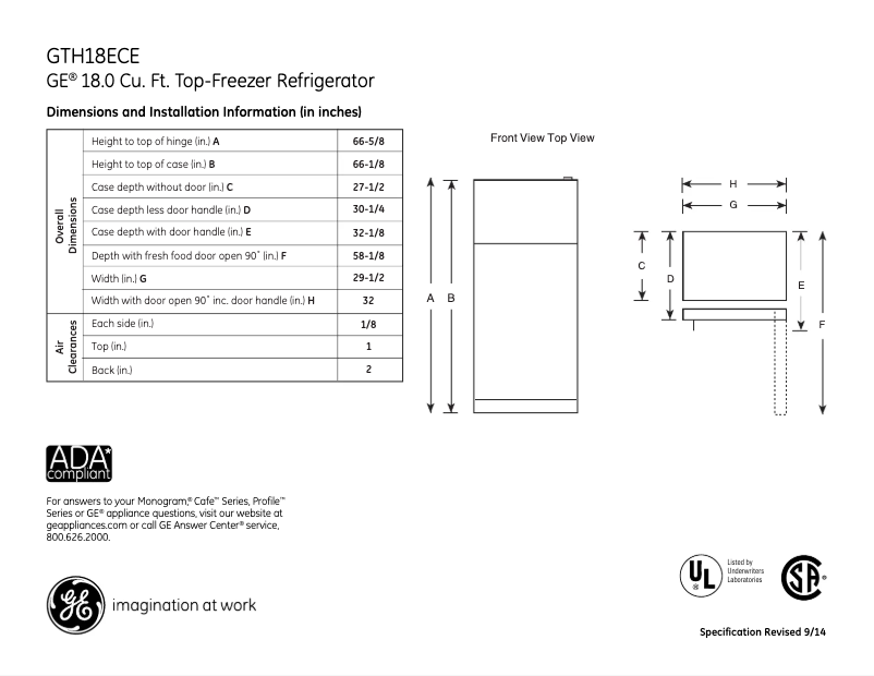 Page 1 de la notice Fiche technique GE GTH18ECEWW