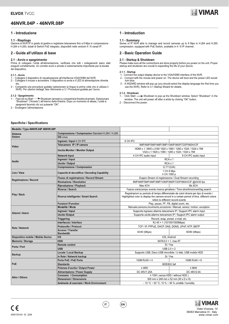 Page 1 de la notice Instructions / montage Vimar ELVOX 46NVR.08P