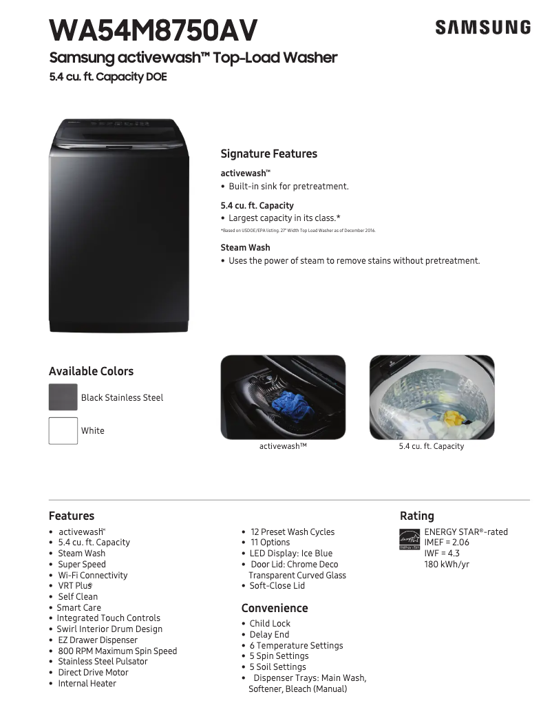 Página 1 del manual Ficha técnica Samsung WA54M8750A