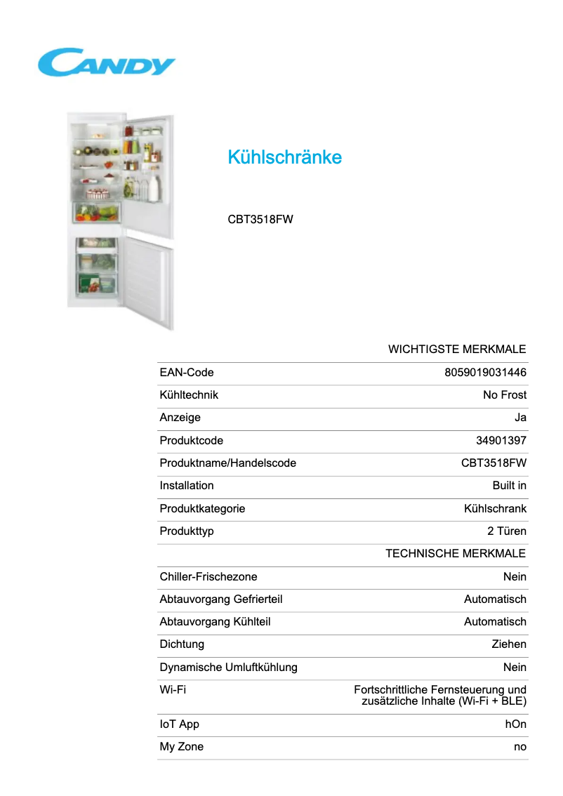 Page 1 de la notice Fiche technique Candy CBT3518FW