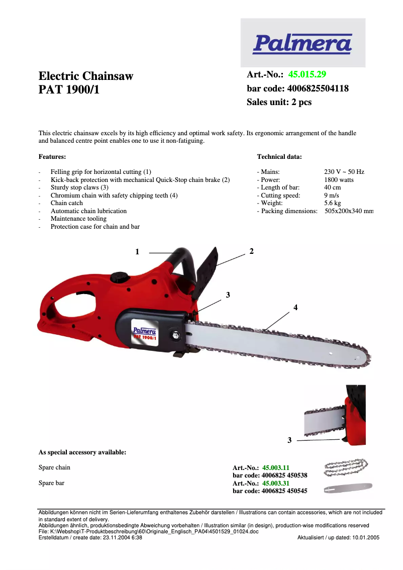 Page 1 de la notice Fiche technique Palmera PAT 1900