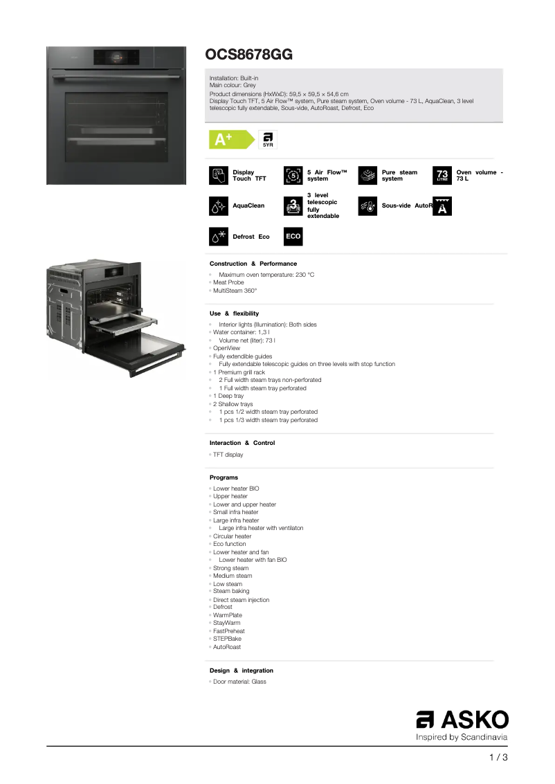Page 1 de la notice Fiche technique Asko OCS8678GG