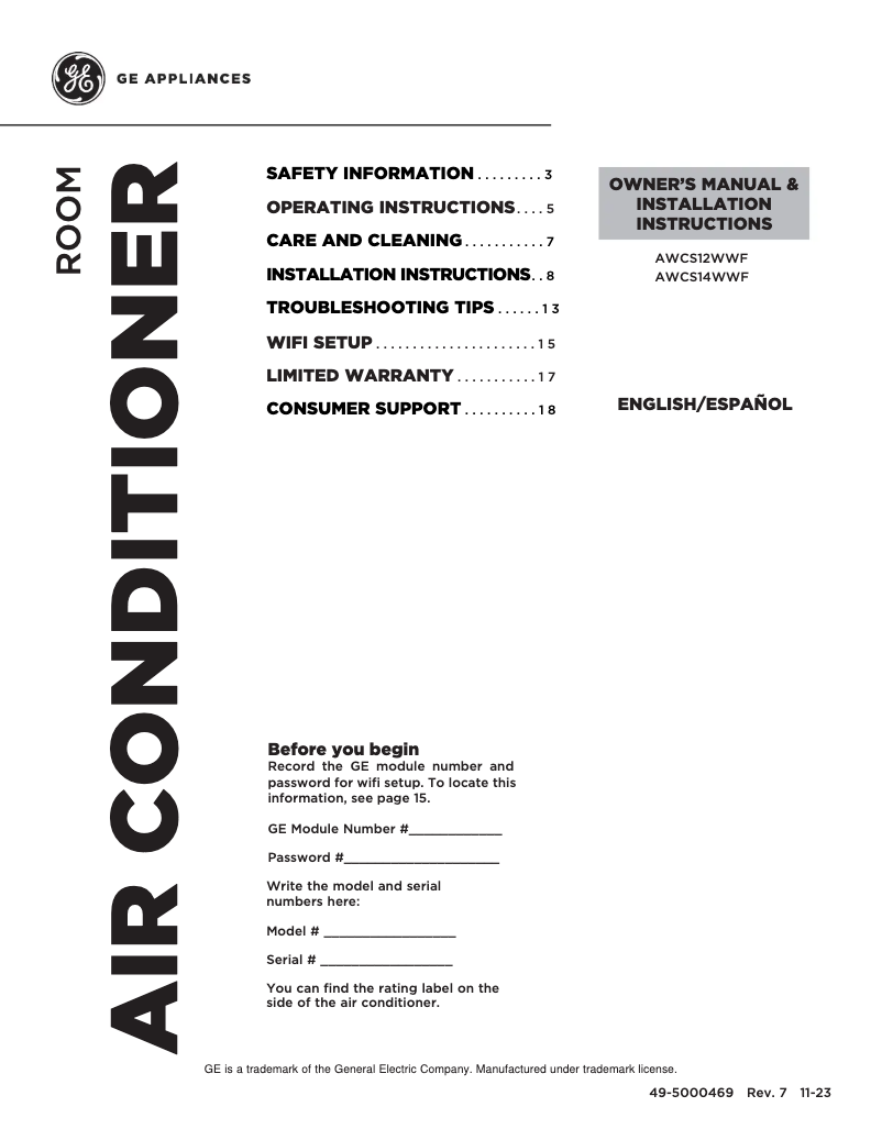 Page n°1 - Manuel utilisateur GE AWCS14WWF