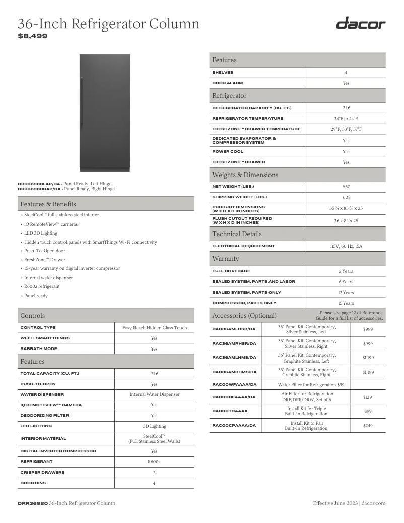 Page 1 de la notice Fiche technique Dacor RAC36AMRHMS