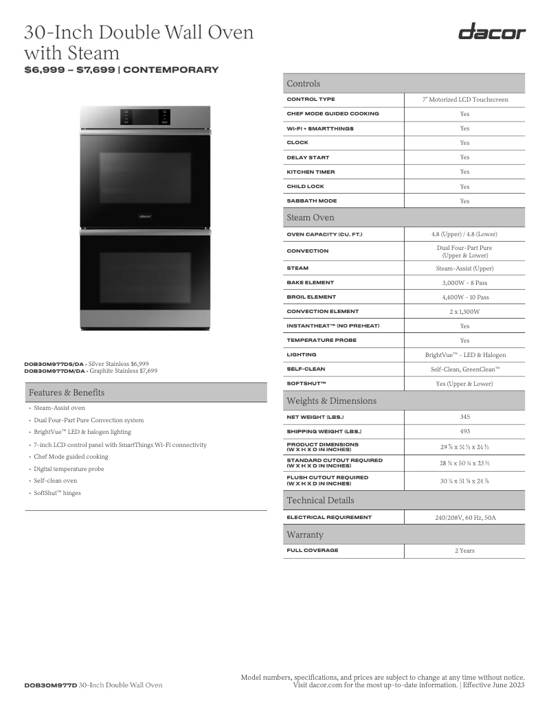 Page 1 de la notice Fiche technique Dacor Modernist DOB30M977DM