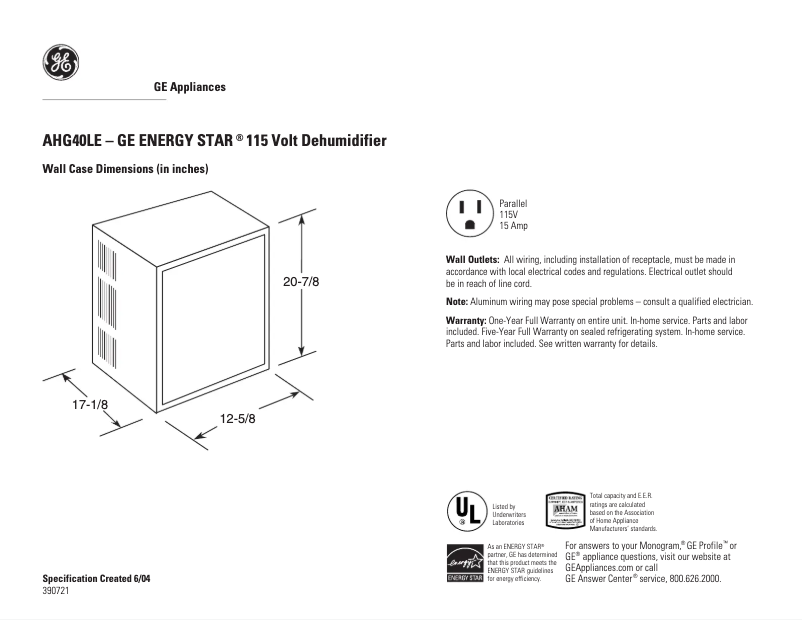 Page 1 de la notice Fiche technique GE AHG40LE