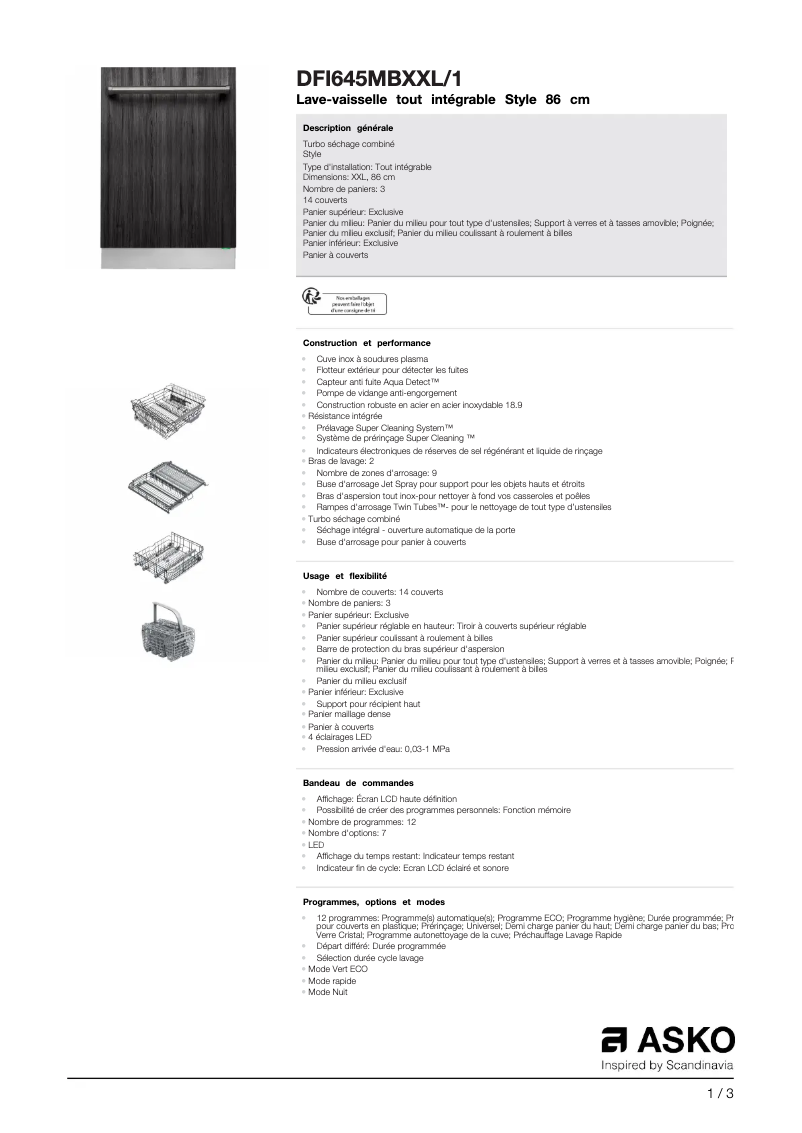 Page 1 de la notice Fiche technique Asko DFI645MBXXL1