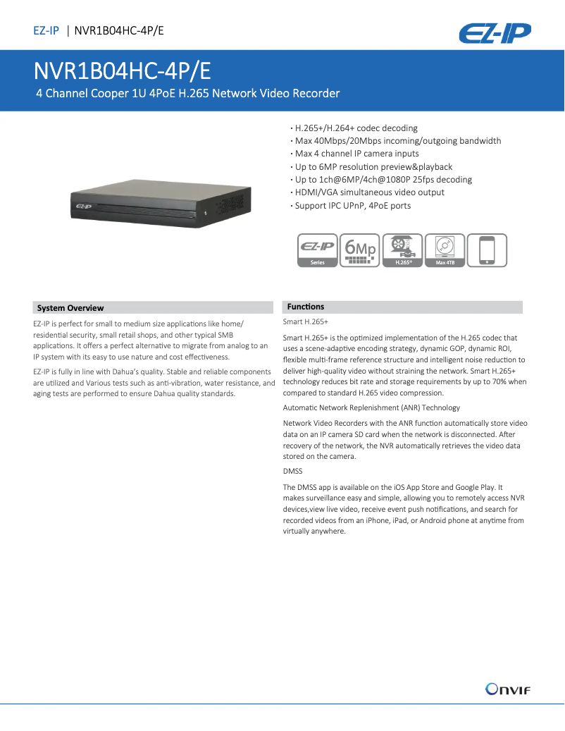 Page n°1 - Fiche technique Dahua Technology EZ-IP NVR1B04HC-4P/E