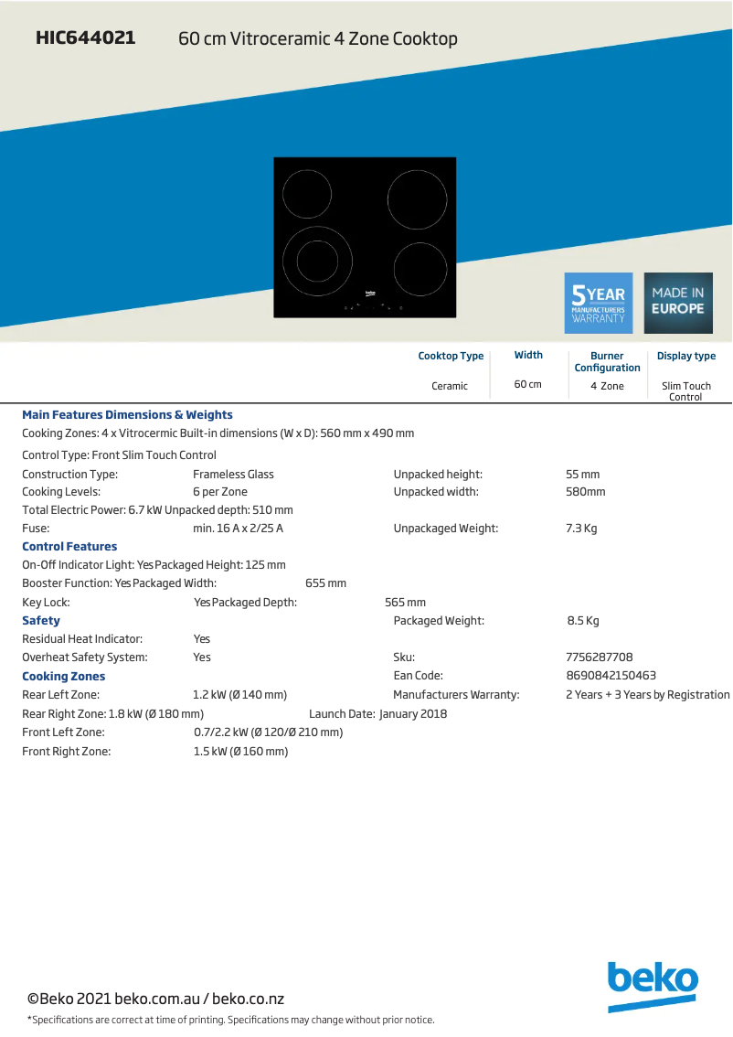 Page 1 de la notice Fiche technique Beko HIC644021
