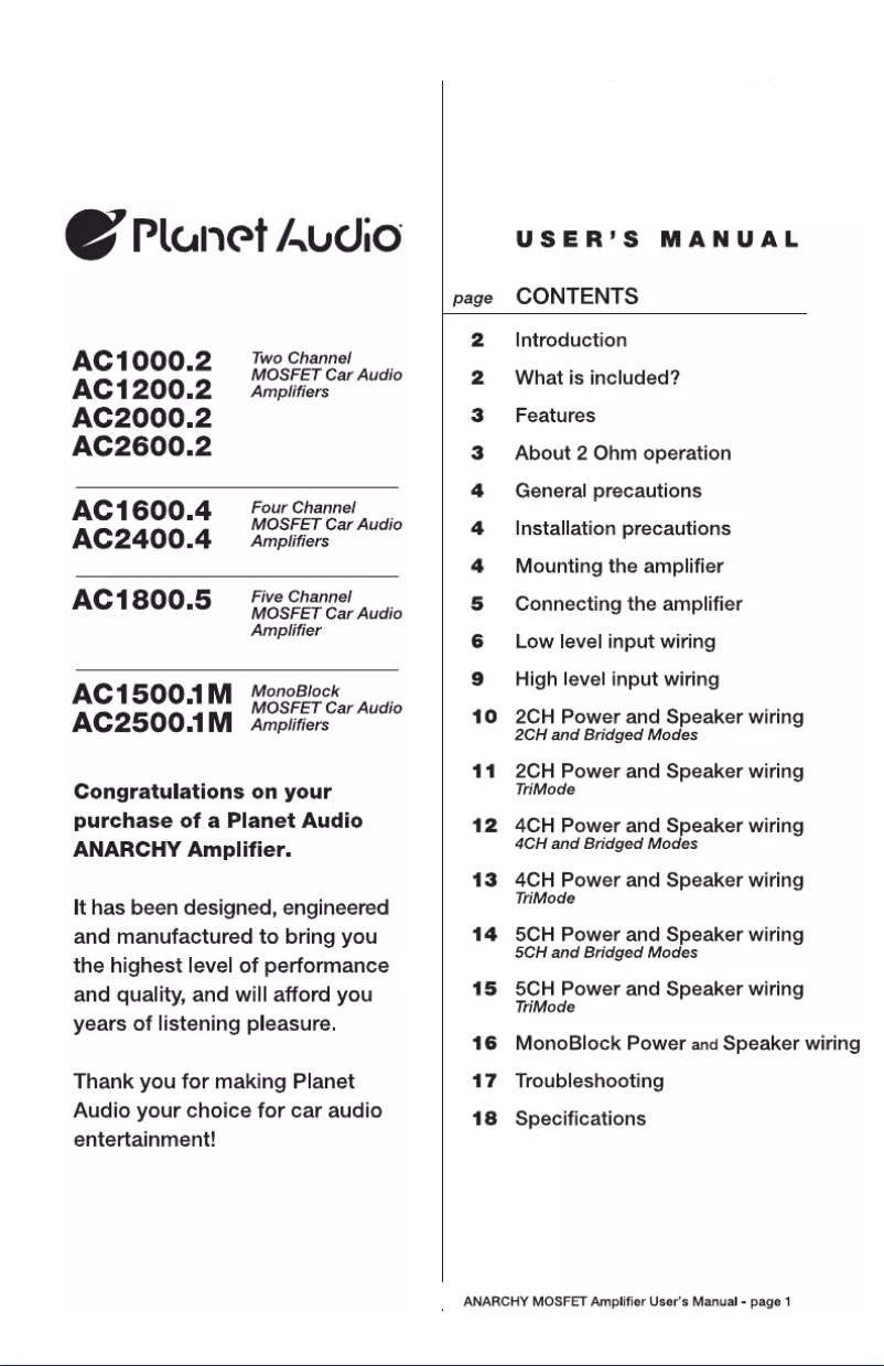 Page n°1 - Manuel utilisateur Planet Audio AC2000.2