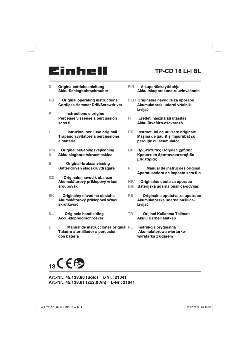 Page 1 de la notice Manuel utilisateur Einhell TP-CD 18 Li-i BL