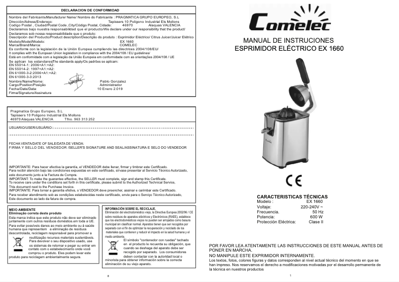 Page n°1 - Manuel utilisateur Comelec EX 1660