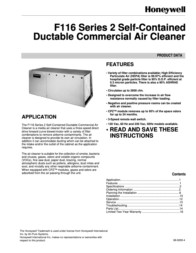 Page 1 de la notice Manuel utilisateur Honeywell F116A1120