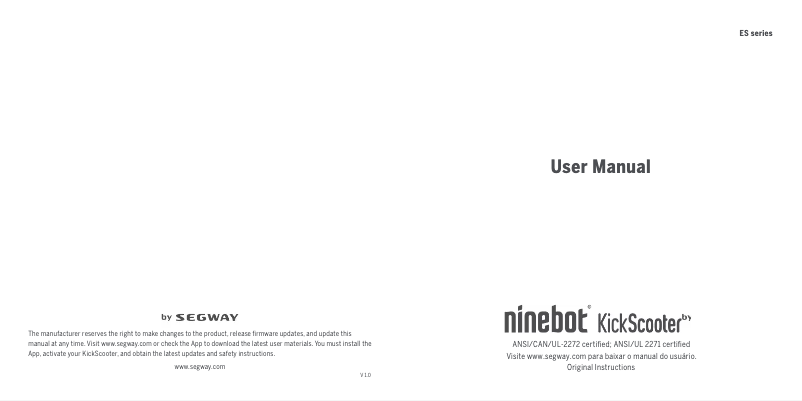 Page n°1 - Manuel utilisateur Segway Ninebot KickScooter ES1
