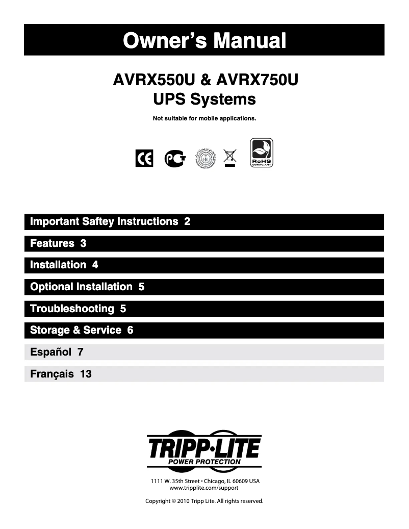 Page n°1 - Manuel utilisateur Tripp Lite AVRX550U