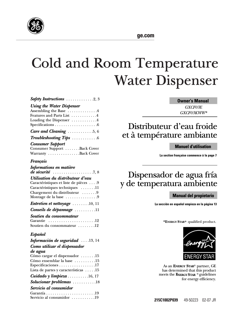 Image de la première page du manuel de l'appareil GXCF03KWW