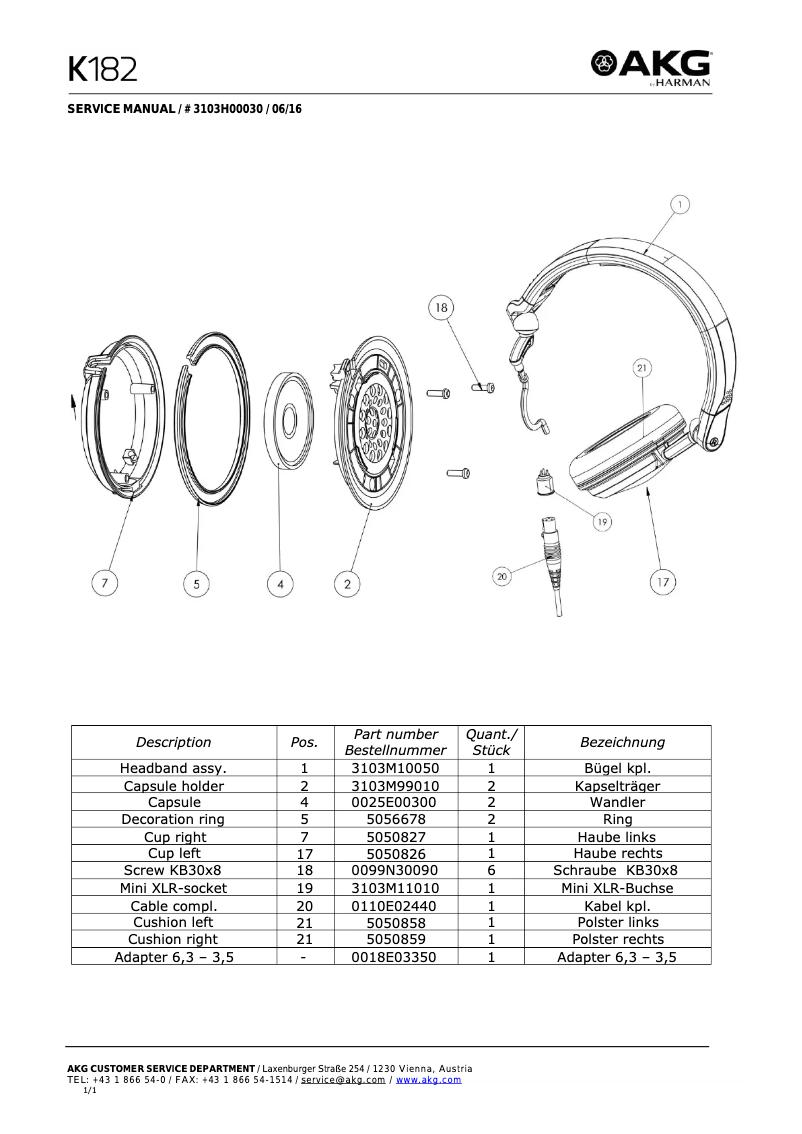 Page n°1 - Manuel utilisateur AKG K182