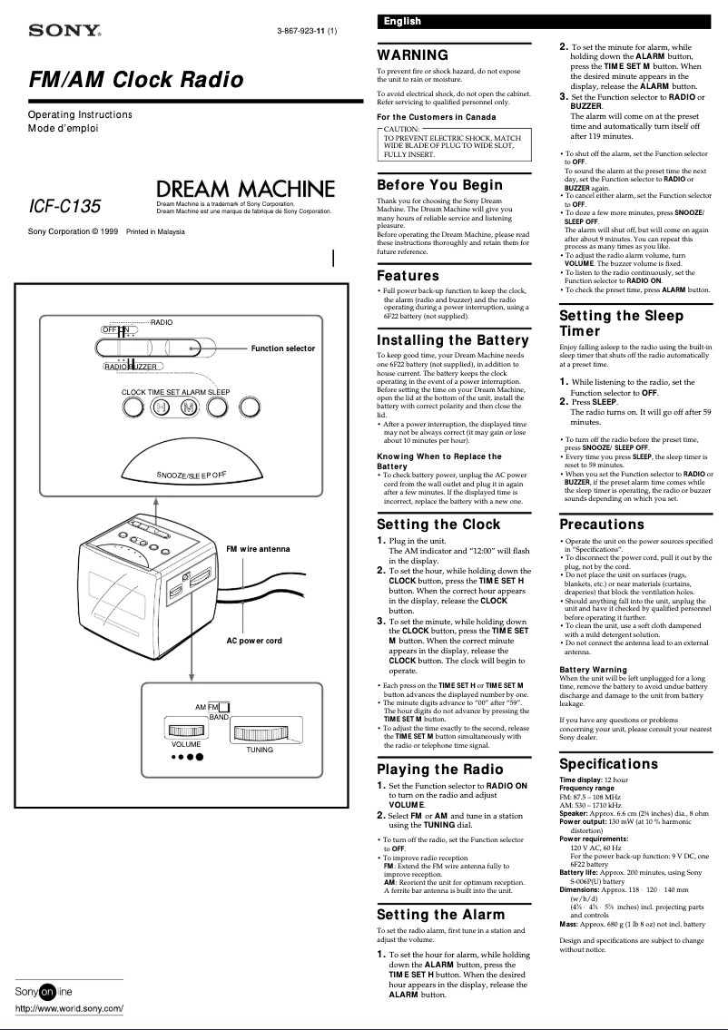 Image de la première page du manuel de l'appareil ICF-C135