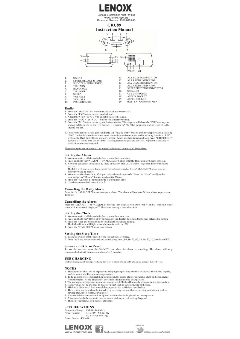 Page n°1 - Manuel utilisateur Lenoxx CRU89