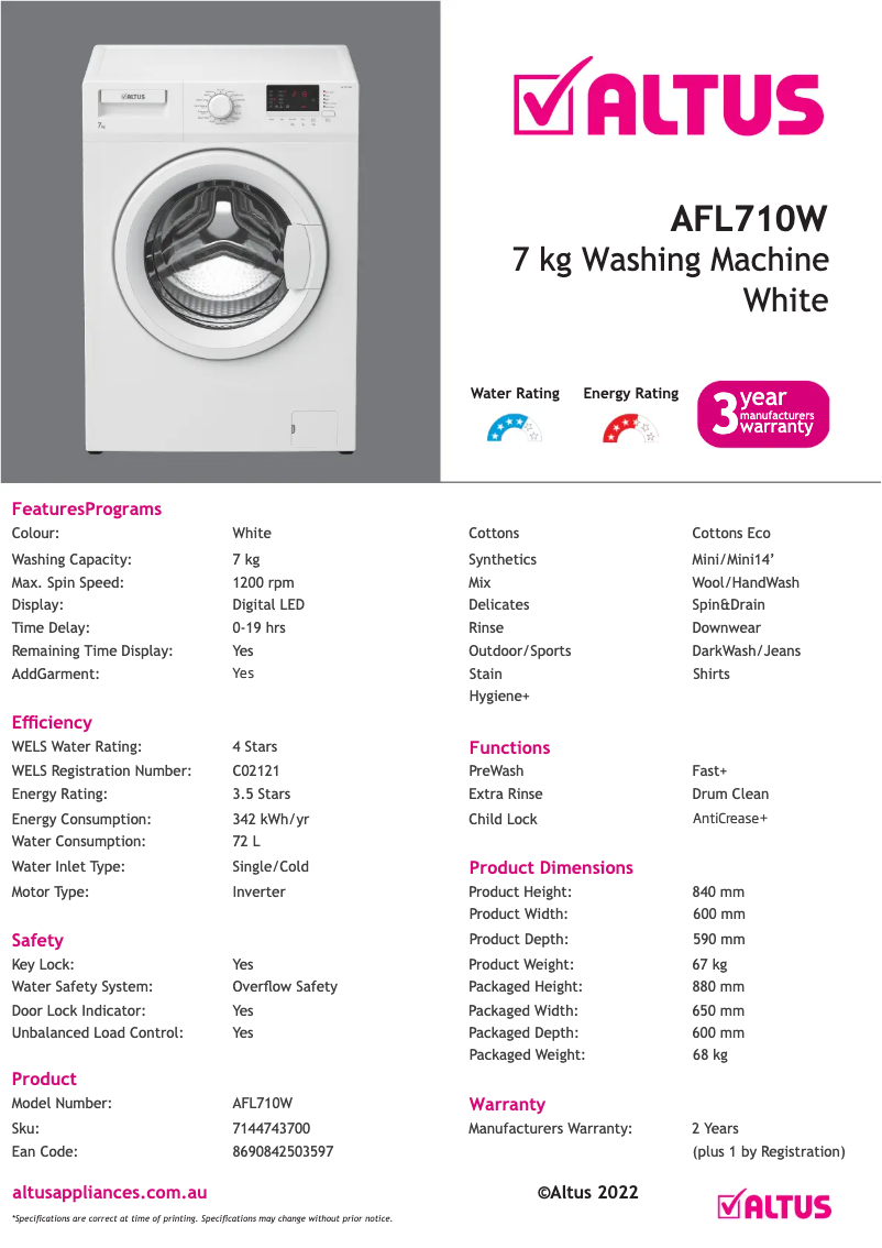 Page 1 de la notice Fiche technique Altus AFL710W