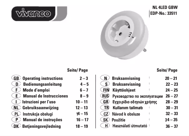 Page n°1 - Manuel utilisateur Vivanco NL 4LED GBW