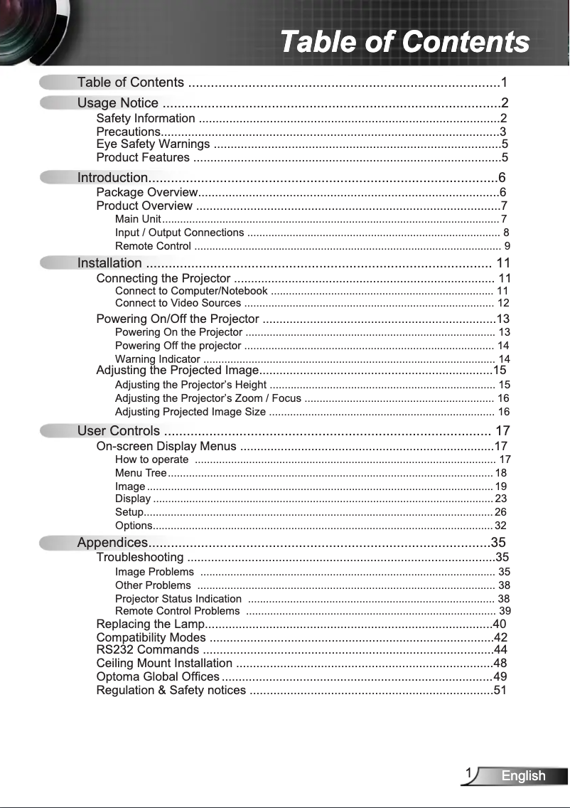 Page 1 de la notice Manuel utilisateur Optoma DS211
