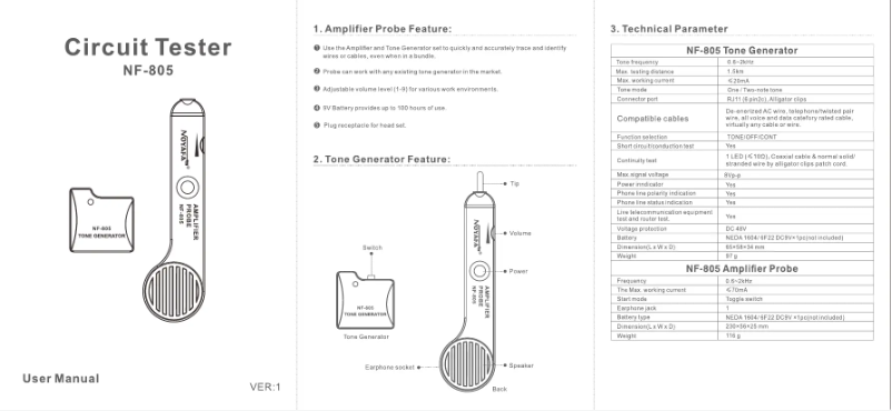 Page 1 de la notice Manuel utilisateur Noyafa NF-805