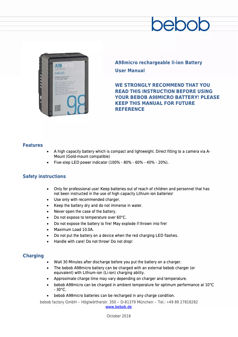 Image de la première page du manuel de l'appareil A98micro