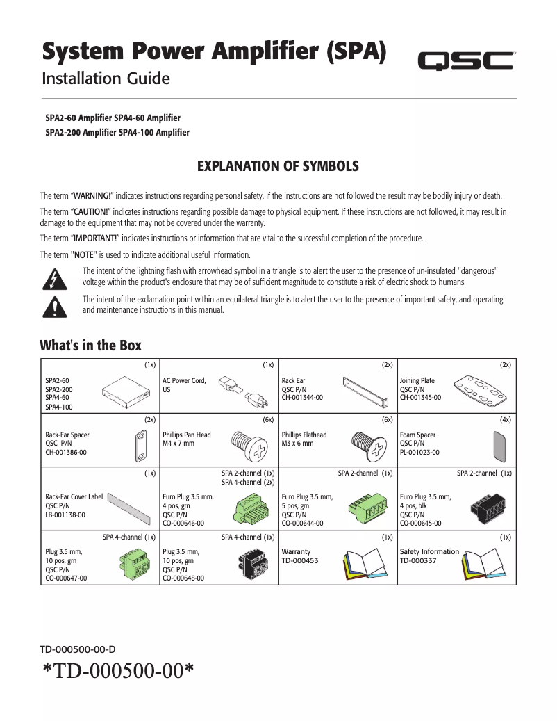 Page n°1 - Manuel utilisateur QSC SPA4-100