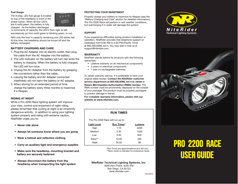 Page n°1 - Manuel utilisateur NiteRider Pro 2200 Race