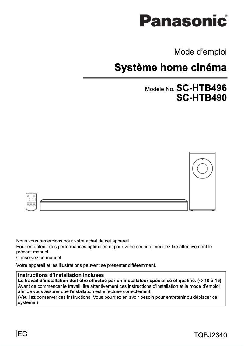 Page 1 de la notice Manuel utilisateur Panasonic SC-HTB490