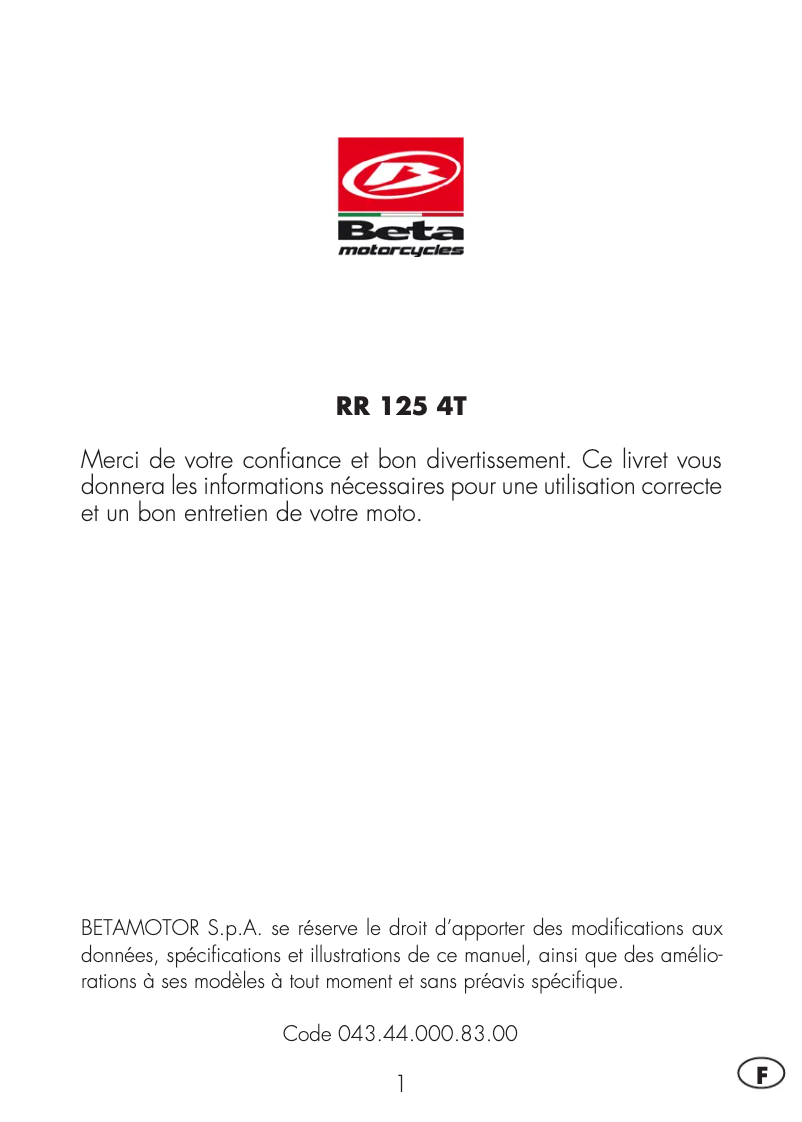 Imagen de la primera página del manual del dispositivo RR 4T 125 (2021)