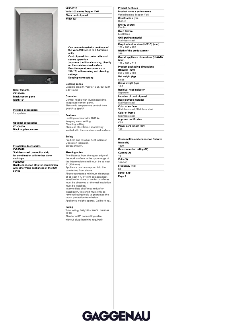 Página 1 del manual Ficha técnica Gaggenau VP230620