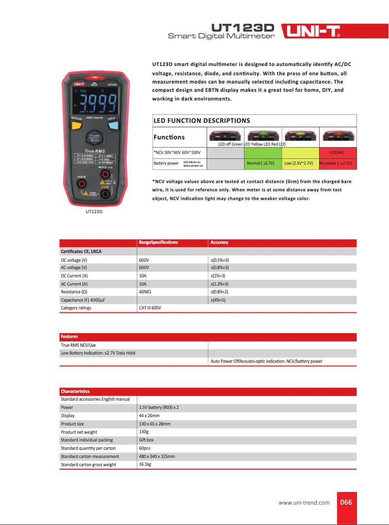 Page n°1 - Fiche technique Uni-T UT123D