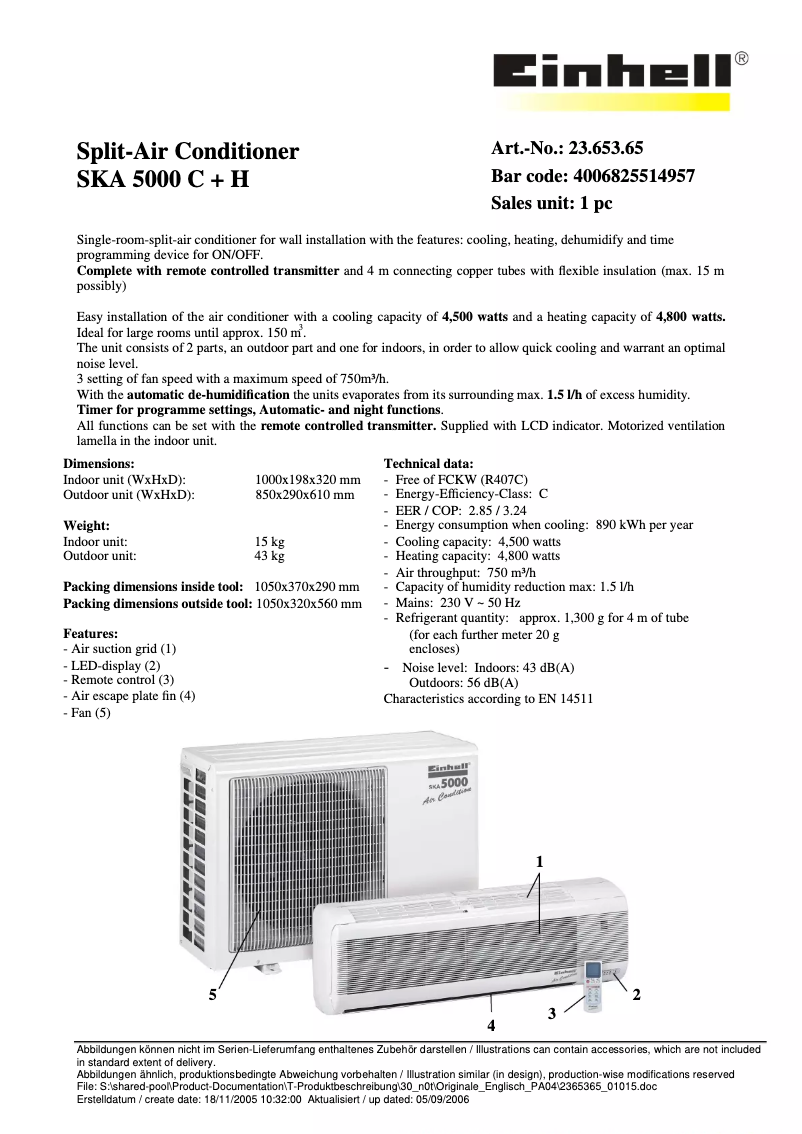 Page n°1 - Fiche technique Einhell SKA 5000 C+H