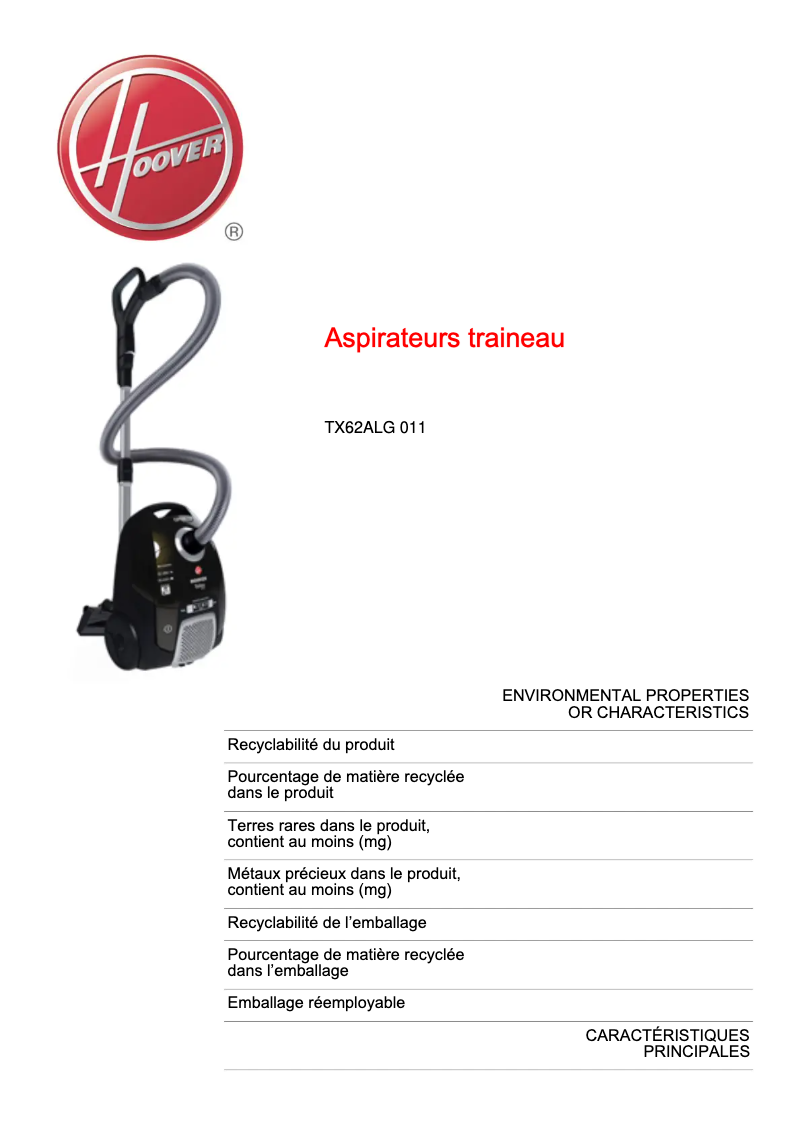 Page 1 de la notice Fiche technique Hoover TX62ALG 011