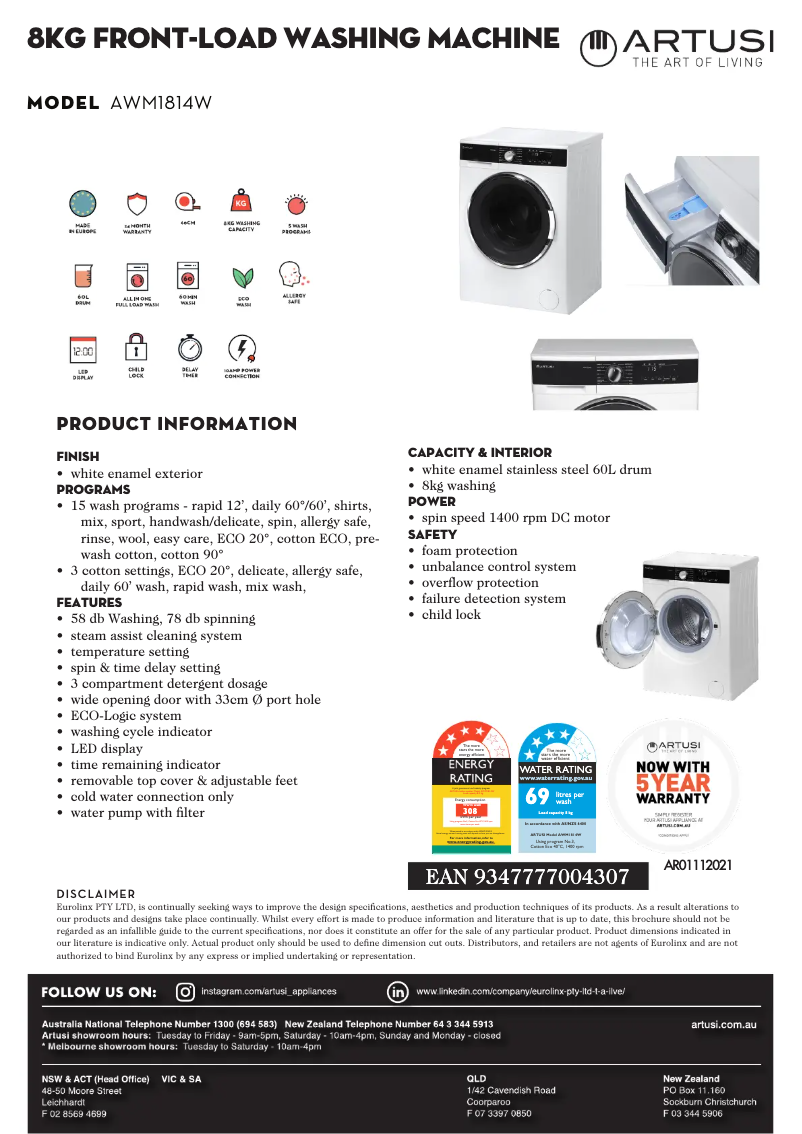Página 1 del manual Ficha técnica Artusi AWM1814W
