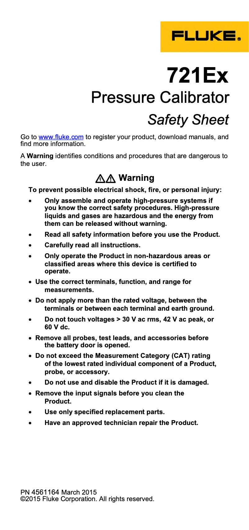 Page n°1 - Instructions de sécurité Fluke 721Ex