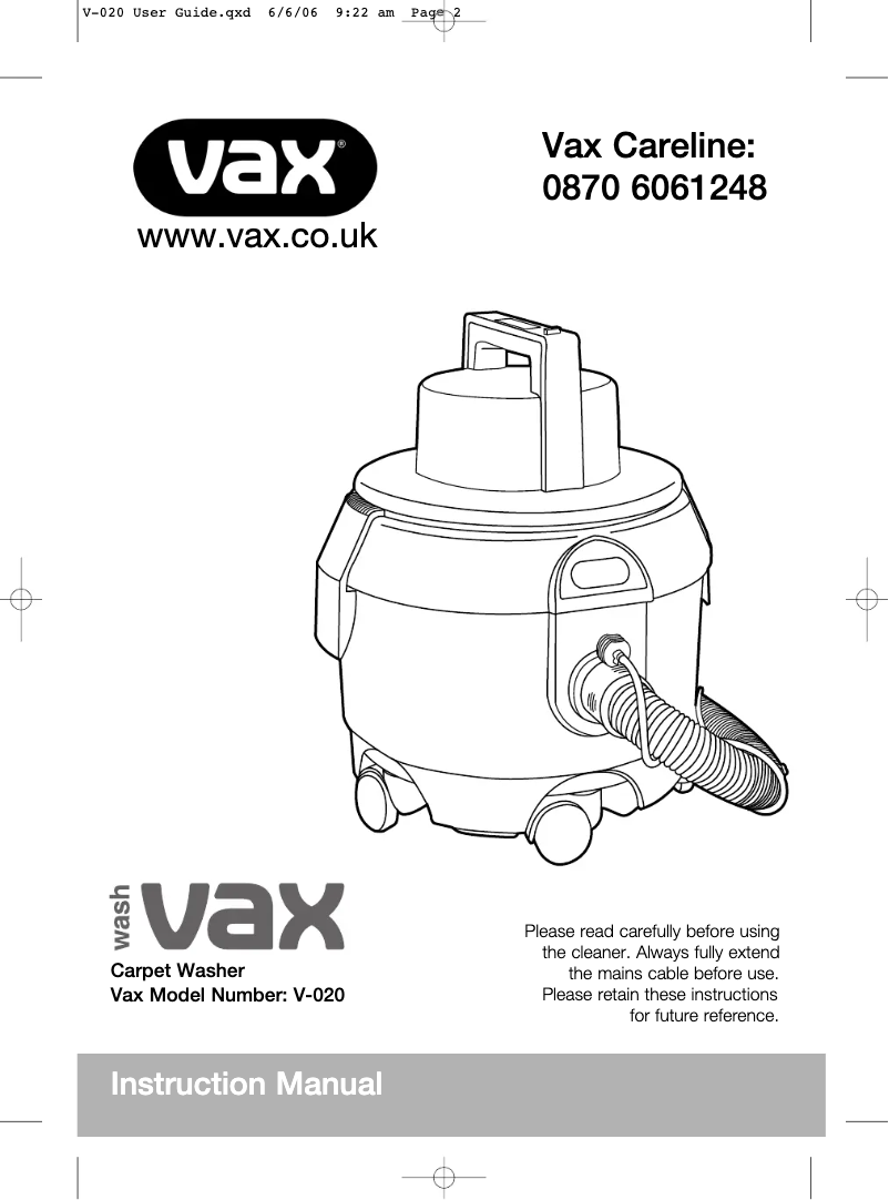 Page n°1 - Manuel utilisateur Vax WashSeries V-020P