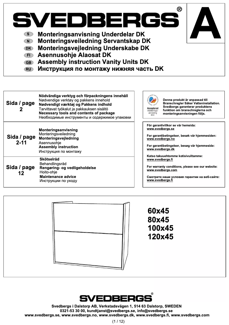 Page 1 de la notice Manuel utilisateur Svedbergs DK