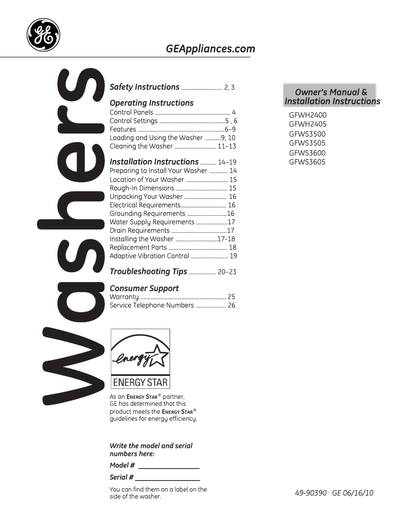 Page 1 de la notice Manuel utilisateur GE GFWS3505LMS